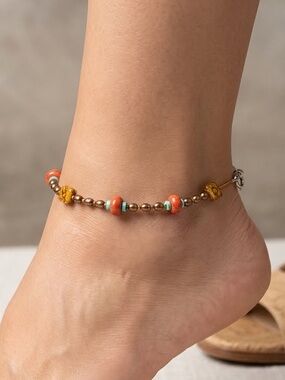 Vintage Beaded Orange & Gold Anklet - Women's Jewelry
